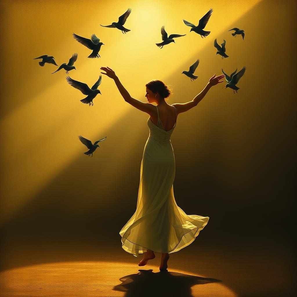Surrealistic Scene of a Woman Dancing with Birds in Soft Lig...