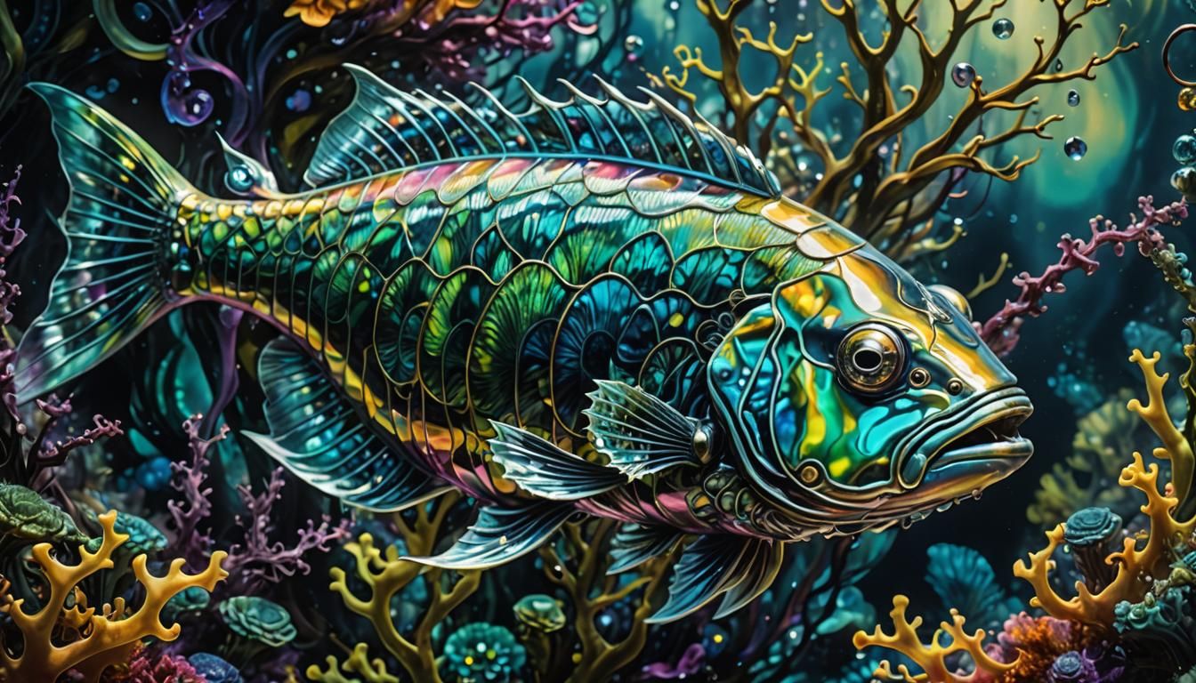 Iridescent Fractal Fish in Surrealist Dreamscape