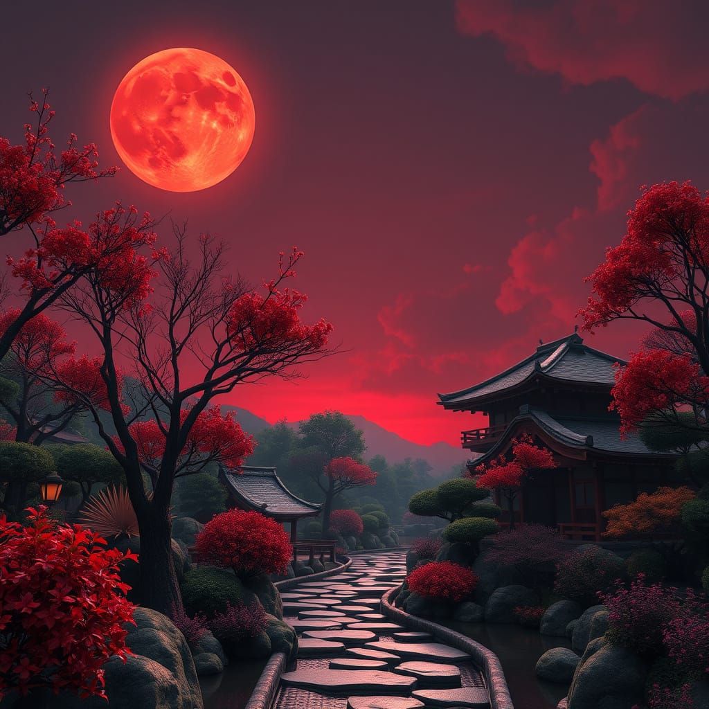Japanese Garden Under the Blood Moon