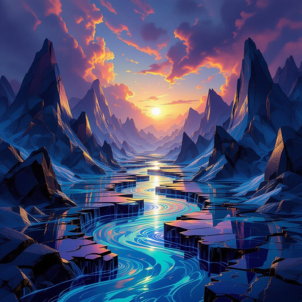 Molten Metal Rivers in Shattered Glass Mountains