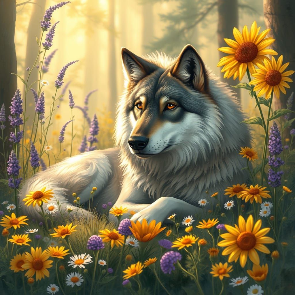 Wolf in Whimsical Wildflower Forest