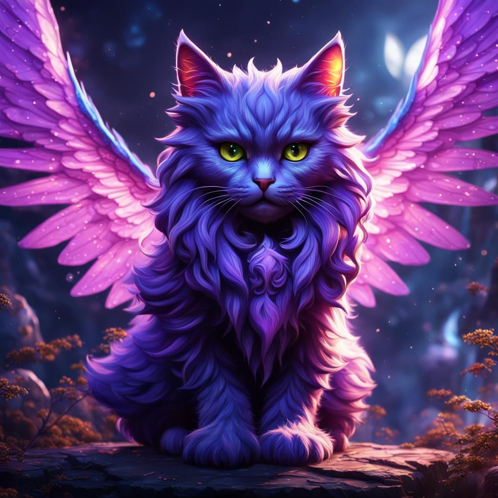 Winged Purple-Eyed Cat in Detailed Matte Painting