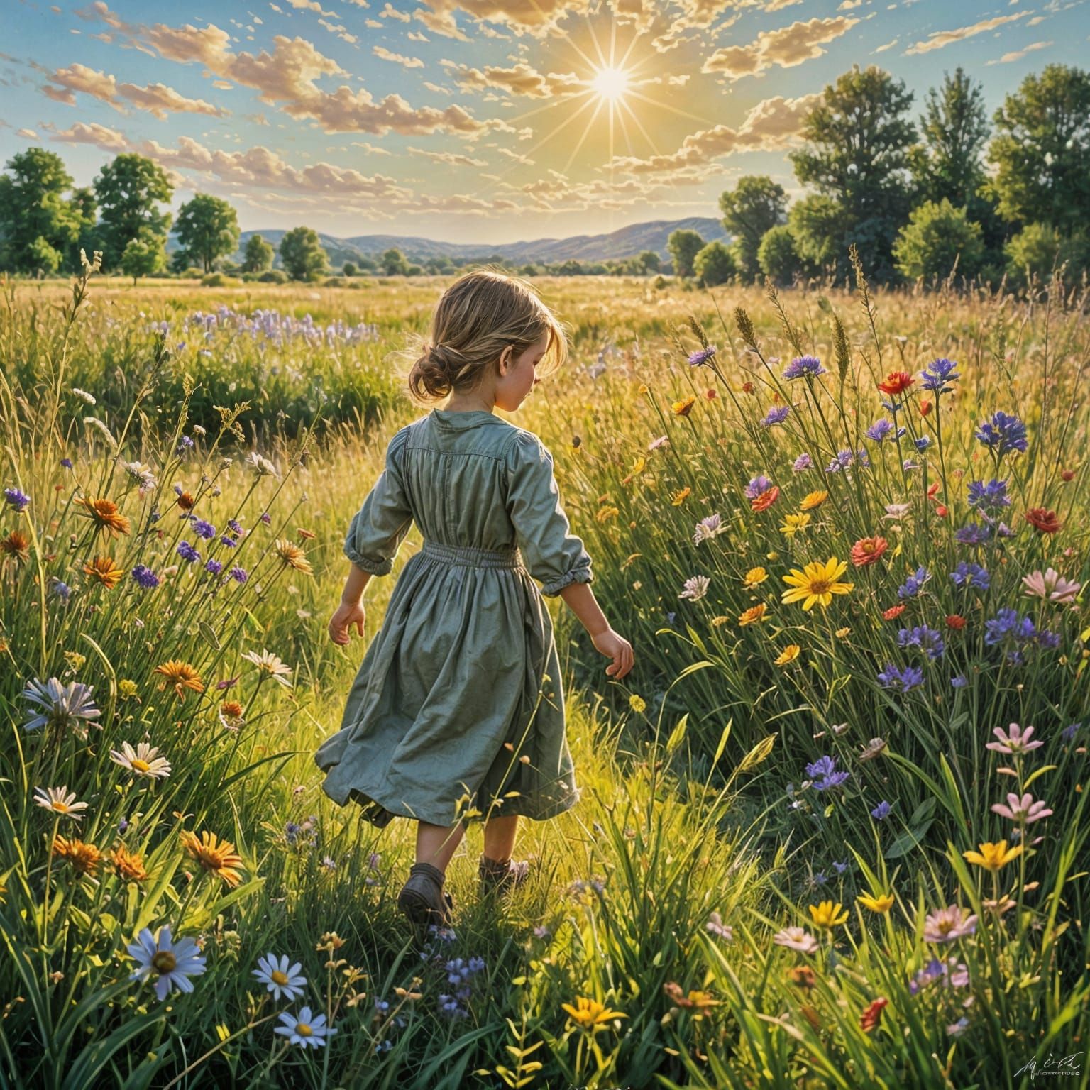 Child Playing in Sunlit Meadow: Impressionist Art
