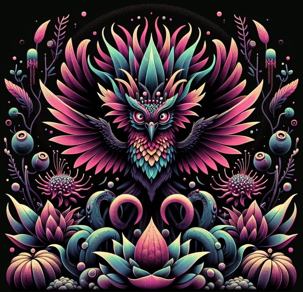 Eldritch Flora and Fauna Dance in a Foggy Landscape