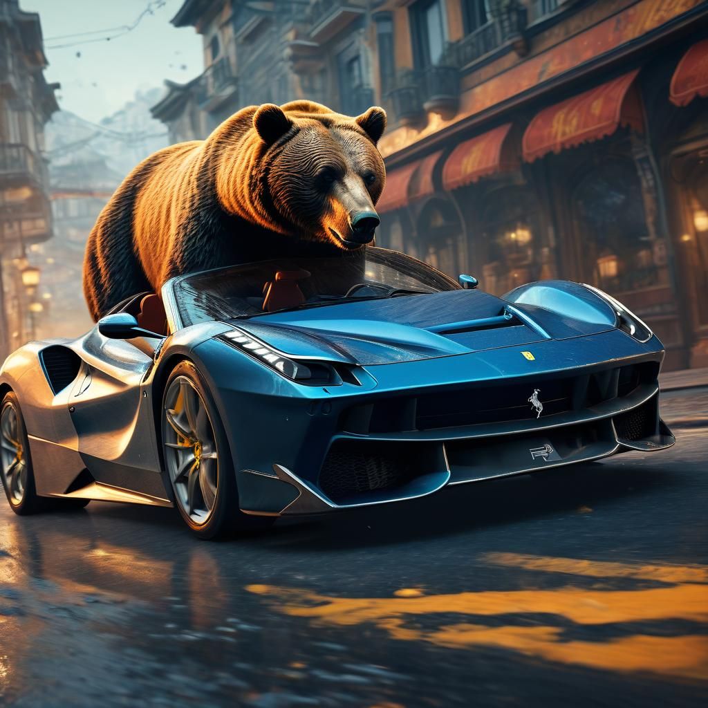 Bear Rides Ferrari in Detailed Fantasy Art