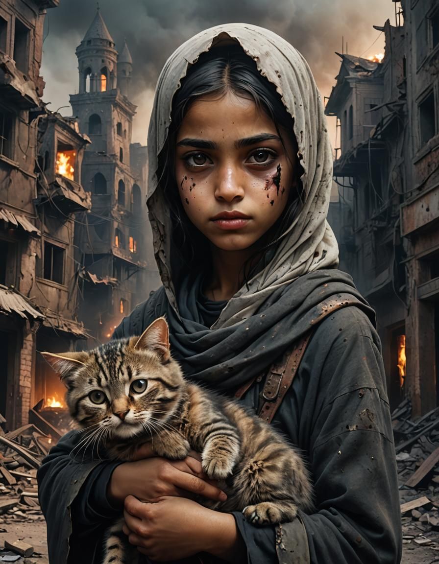 Haunting Close-Up: Girl and Cat in Ruined City