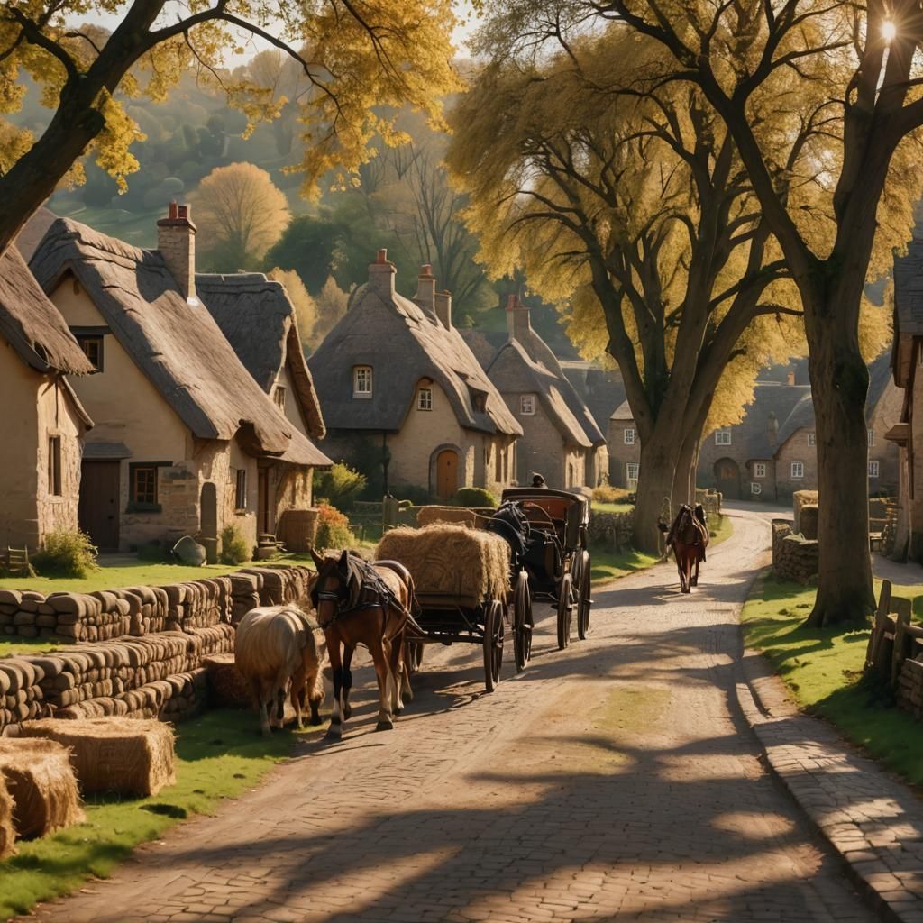 English Village Street in Impressionistic Style