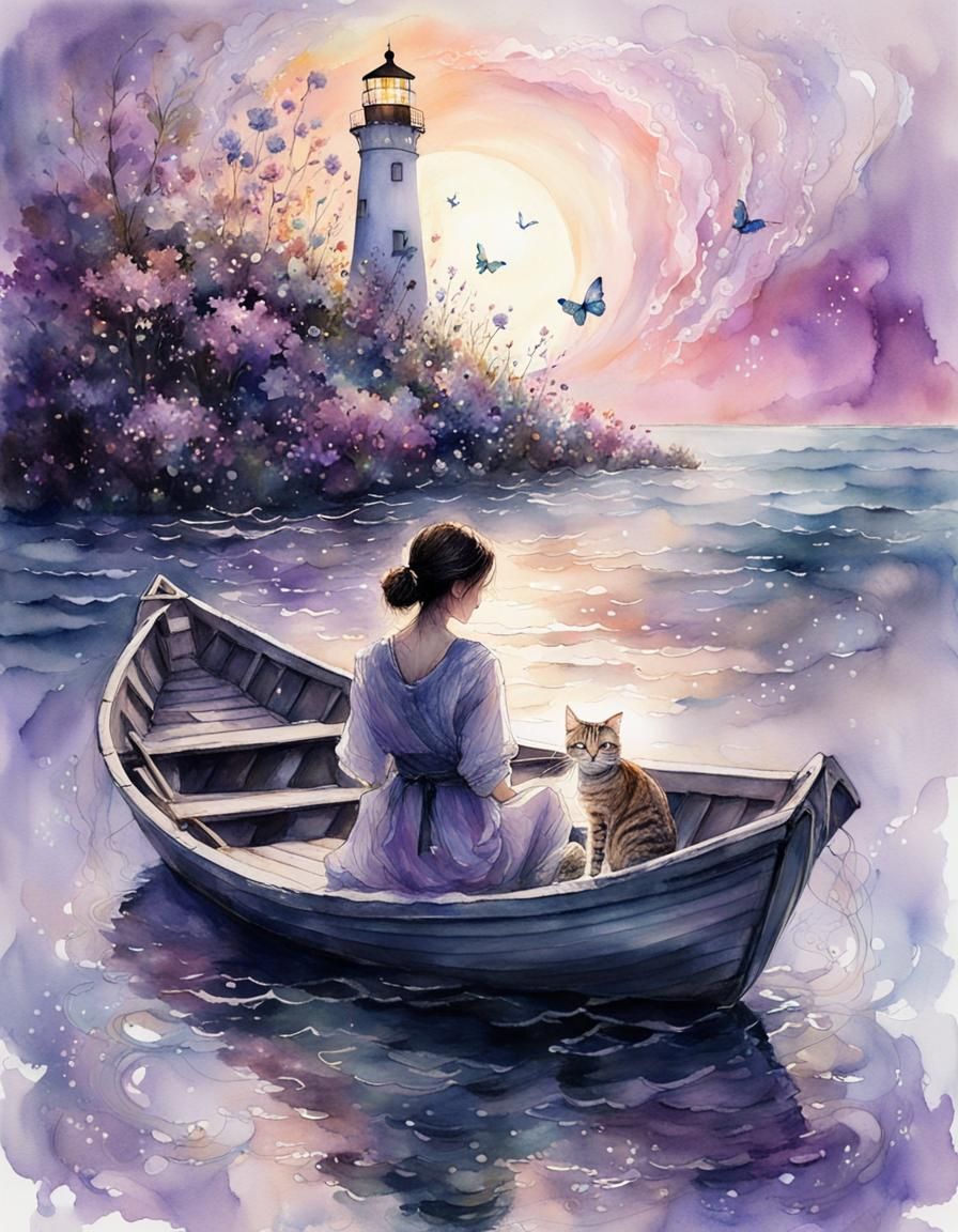 Ethereal Woman and Cat at Sea: Surreal Watercolor Art