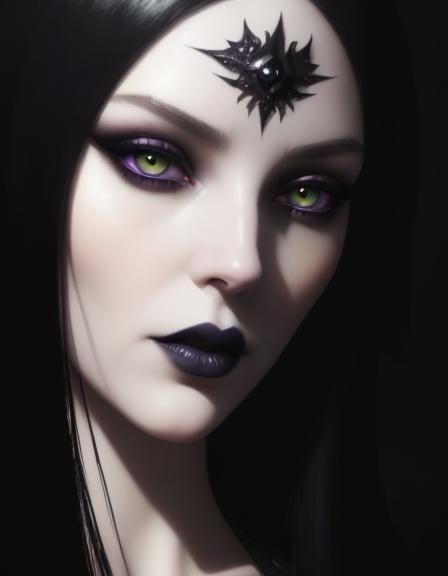 Very realistic gothic portrait of Hecate with long black hair and sliver eyes with purple eyeshadow with black eyeliner ...