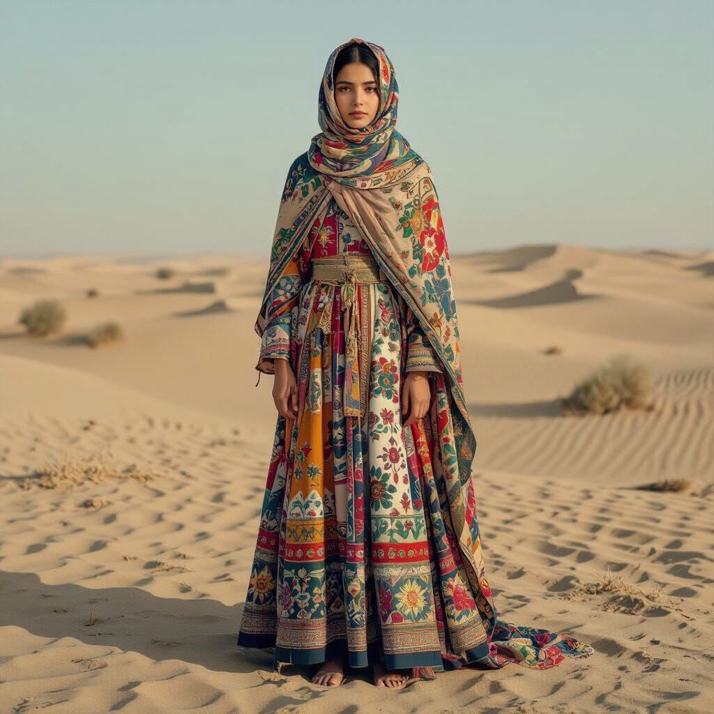 Iranian Girl in Traditional Dress, Desert Landscape