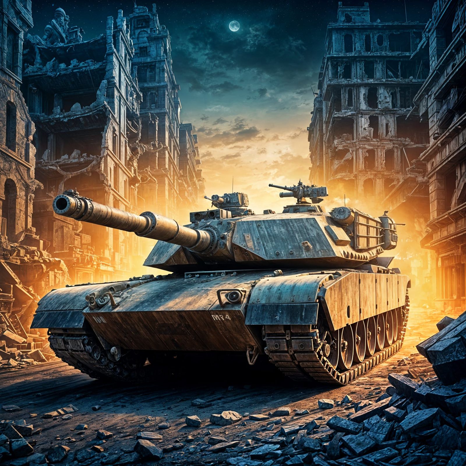 Battle-Worn M1 Abrams Tank in Ruined Cityscape
