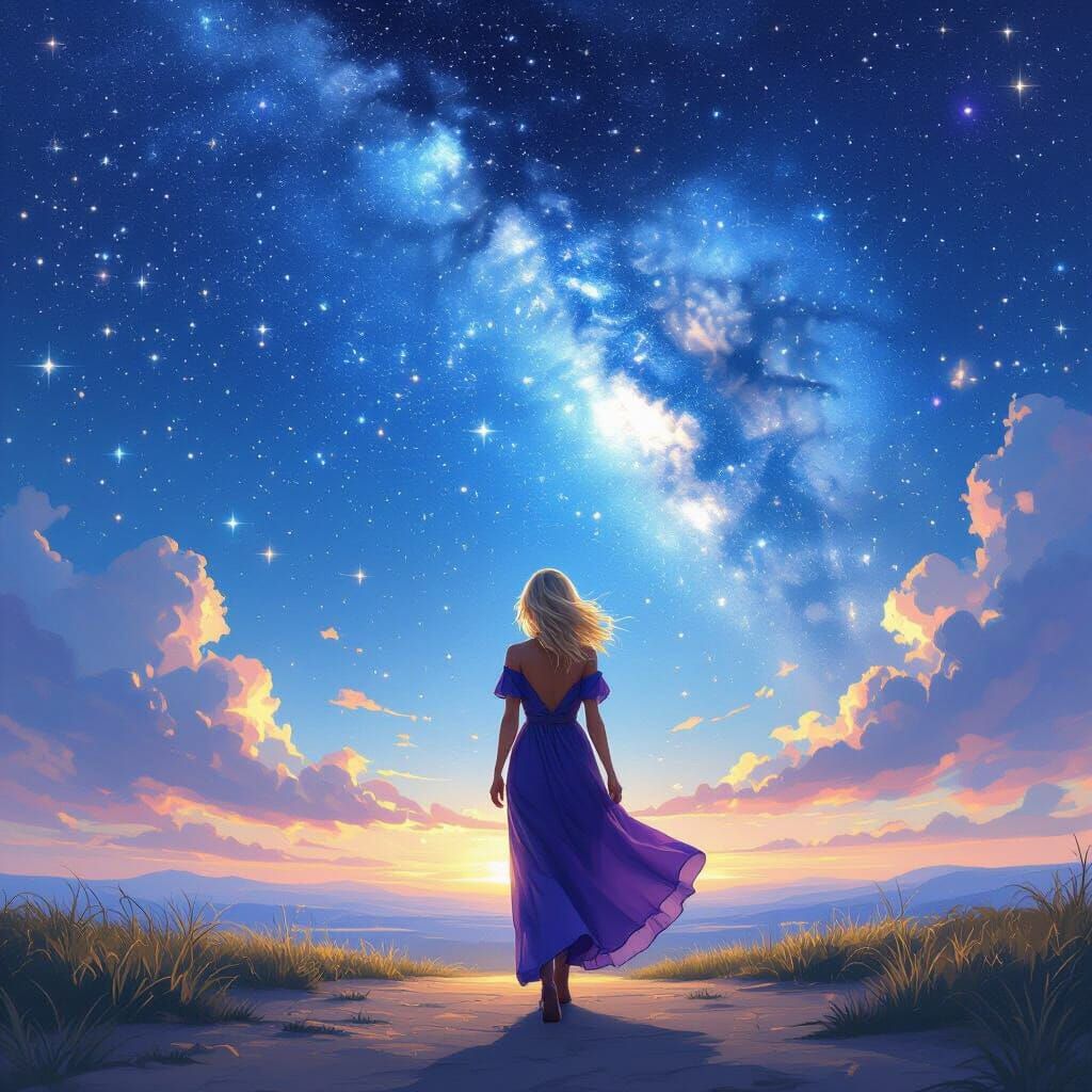 Woman in Purple Dress Gazes at Starry Night Sky