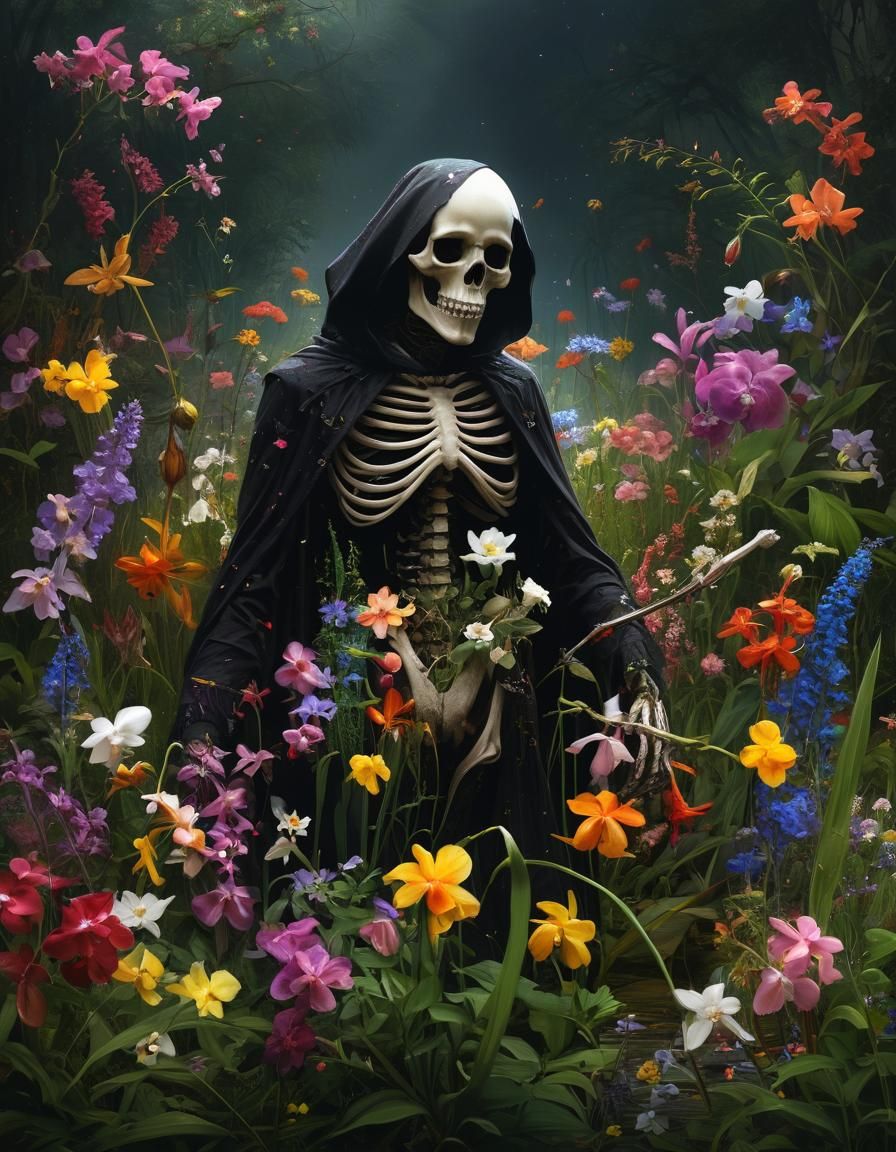 Floral Grim Reaper in Wildflower Garden, Volumetric Lighting