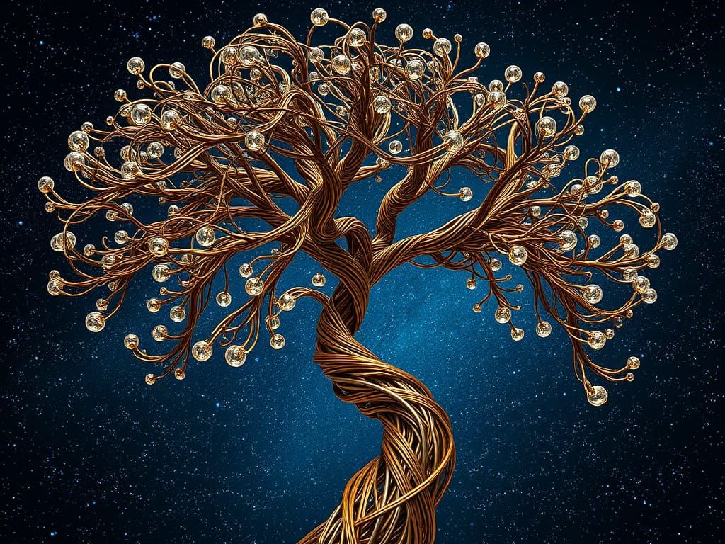 Majestic Wire Tree Sculpture Under Starry Night