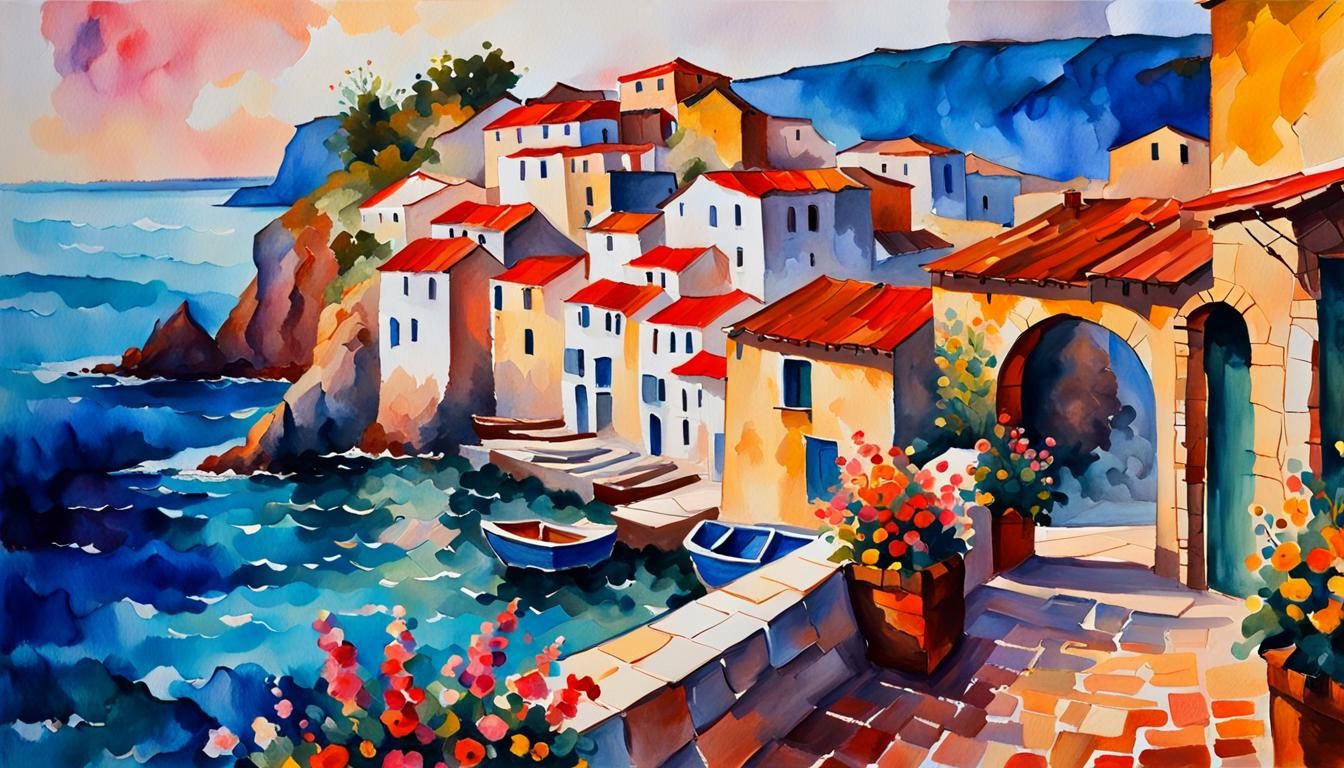 Seaside Village Sunset in Impressionist Watercolor