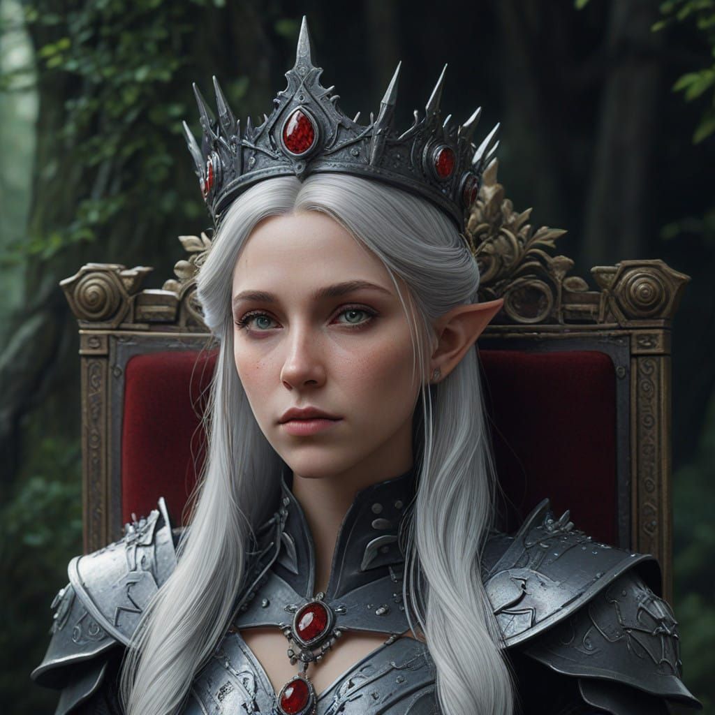Regal Female Elf on Dark Throne in Fantasy Style