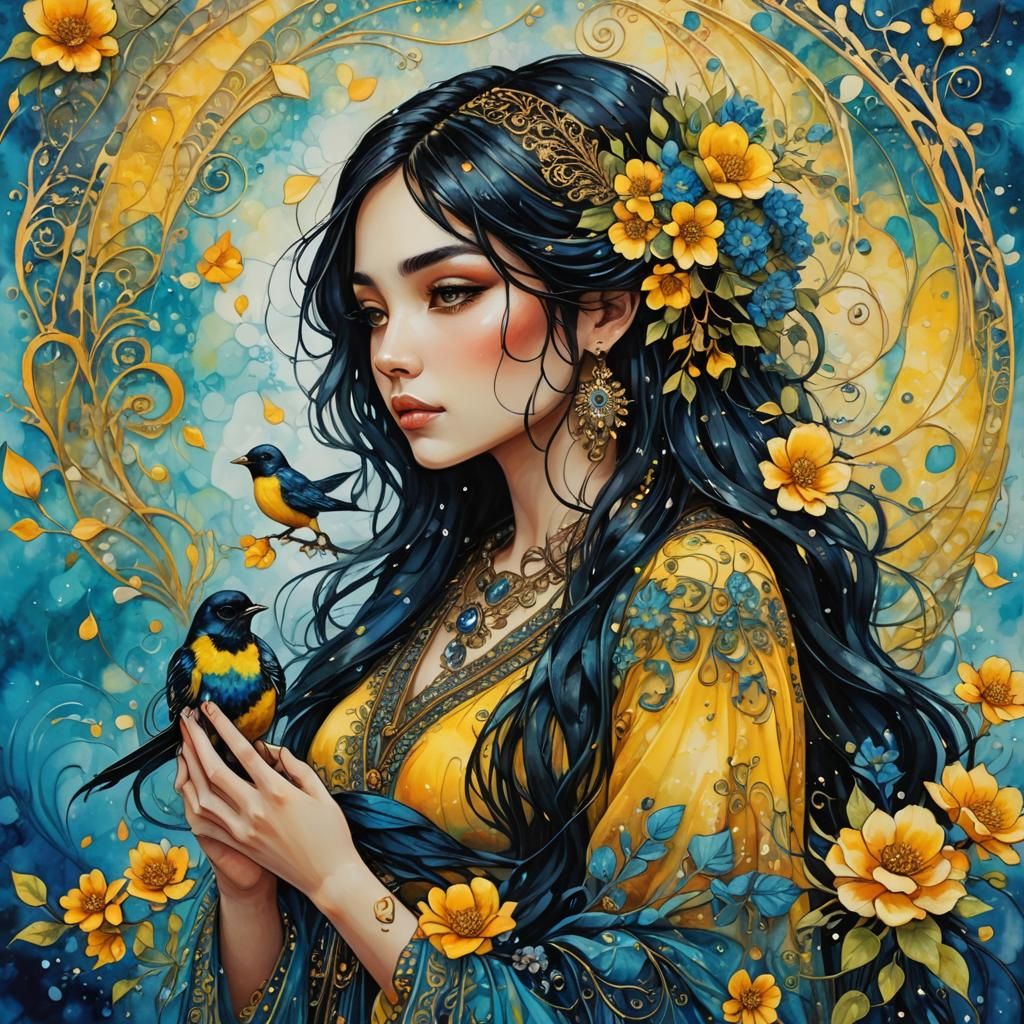 Bohemian Girl with Bird in Dreamy Digital Art