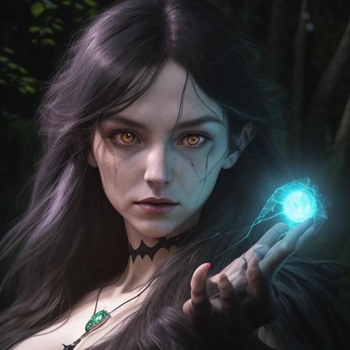 Forest Witch Portrait with Glowing Amulet