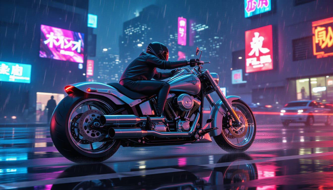 Cyberpunk Motorcycle in Neon Cityscape