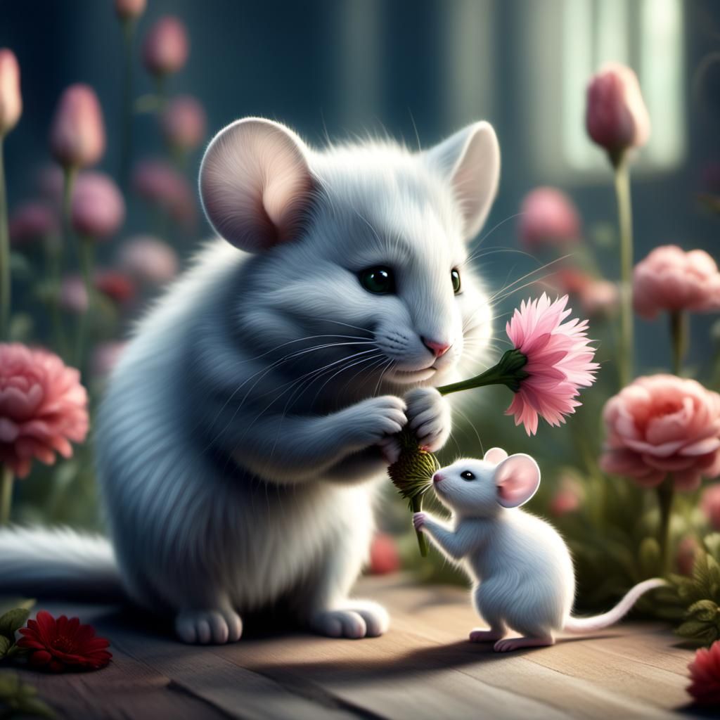 Mouse Offering Flower to Angora Cat