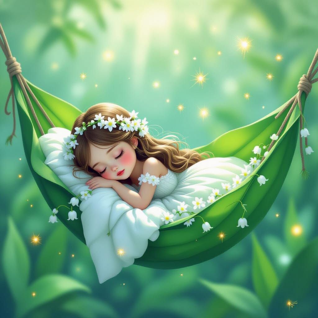 Lily-of-the-Valley Girl in Leaf Hammock