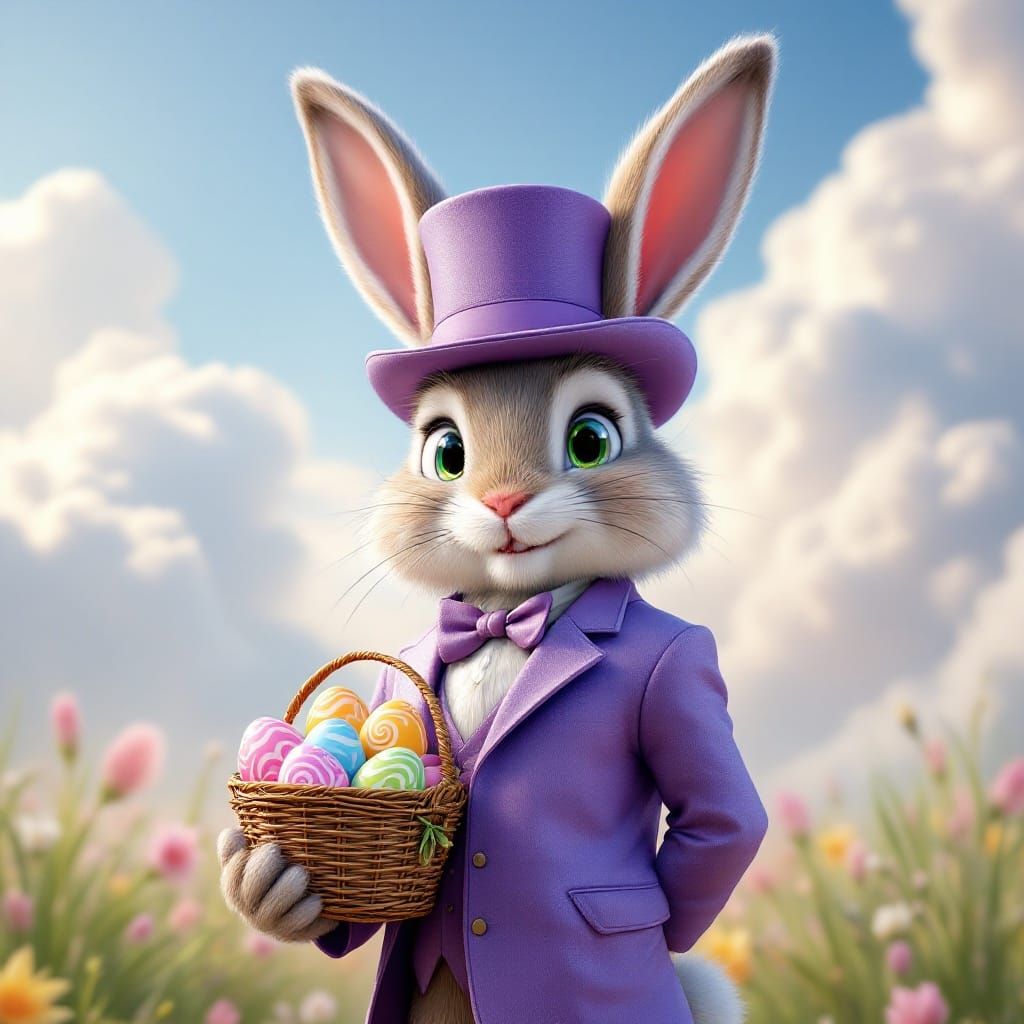 Whimsical Peter Cottontail in Shimmering Purple Suit with Co...