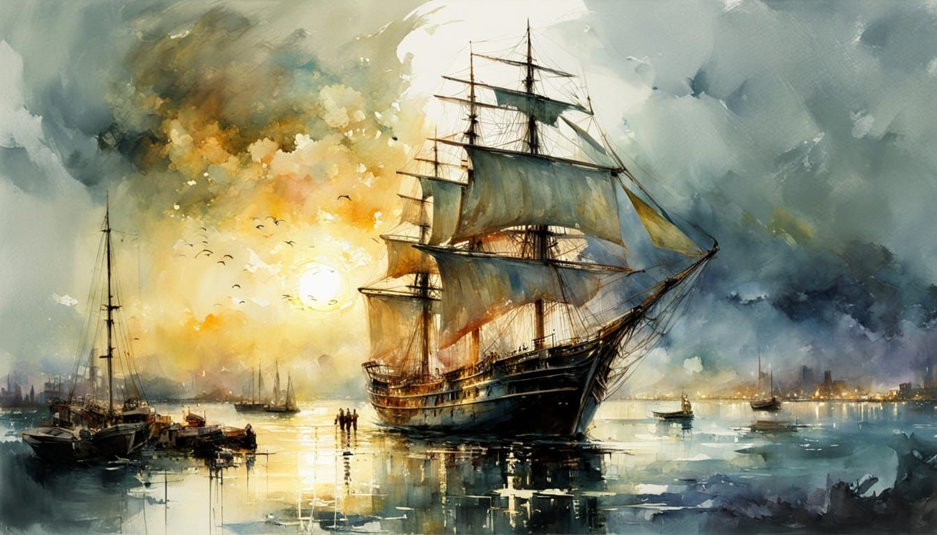 Sail Ship Amidst Golden Hour Harbor Scene in Fine Art Style
