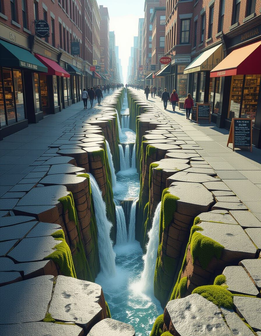 Photorealistic 3D Waterfall Illusion on City Sidewalk