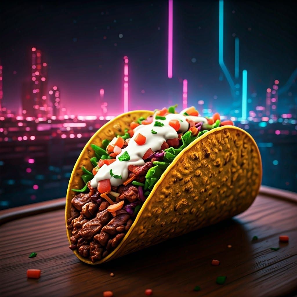 Vibrant Futuristic Tacos in Neon-Lit Cityscape