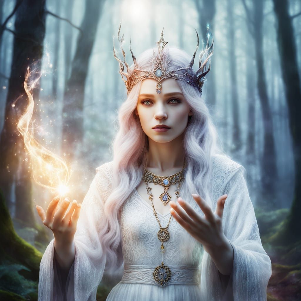 Enchanting White Witch Casting Spell in Watercolor Style