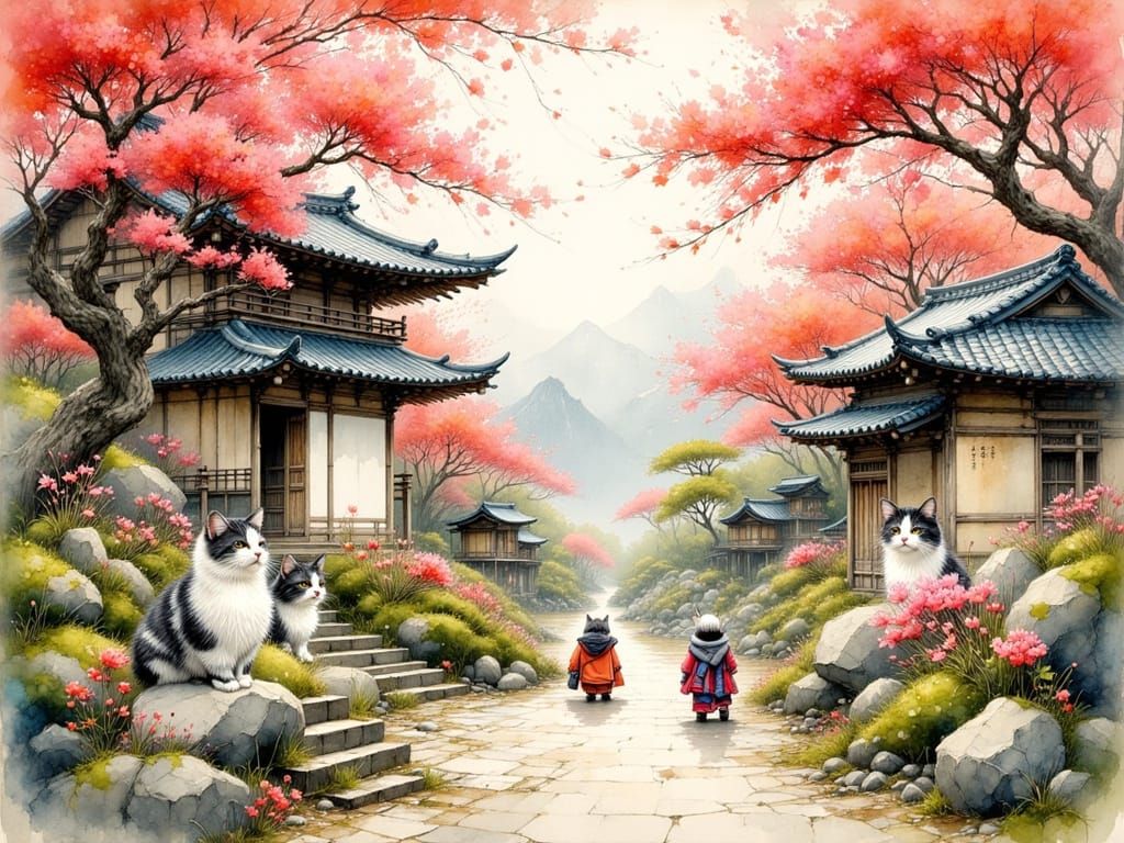 Cats in Japanese Temple Garden, Ink Art Style