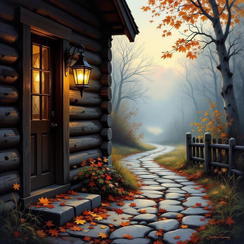 Warm Lantern Glow on Autumn Cabin Path