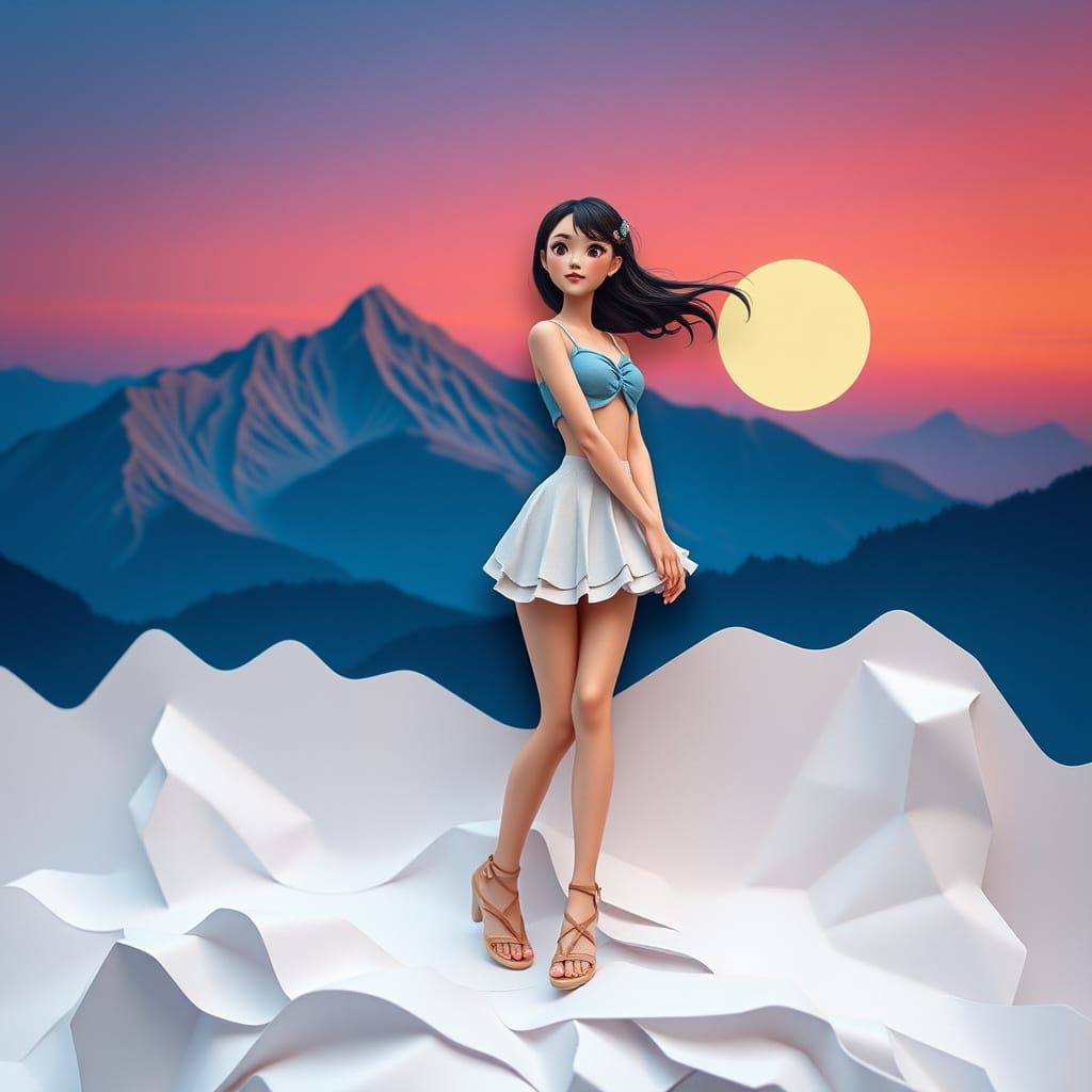 Woman in Mini Skirt at Twilight: Origami-Inspired Style