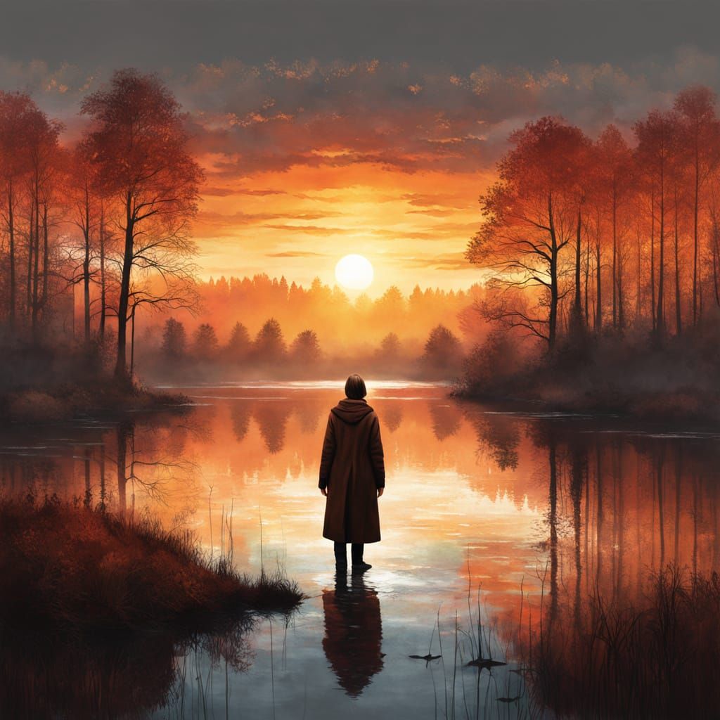 Luminous Dawn Landscape with Copper-Red Sun