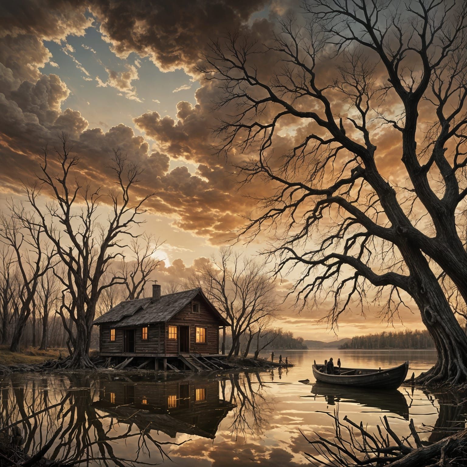 Picturesque Lake Cabin at Sunset in Sepia