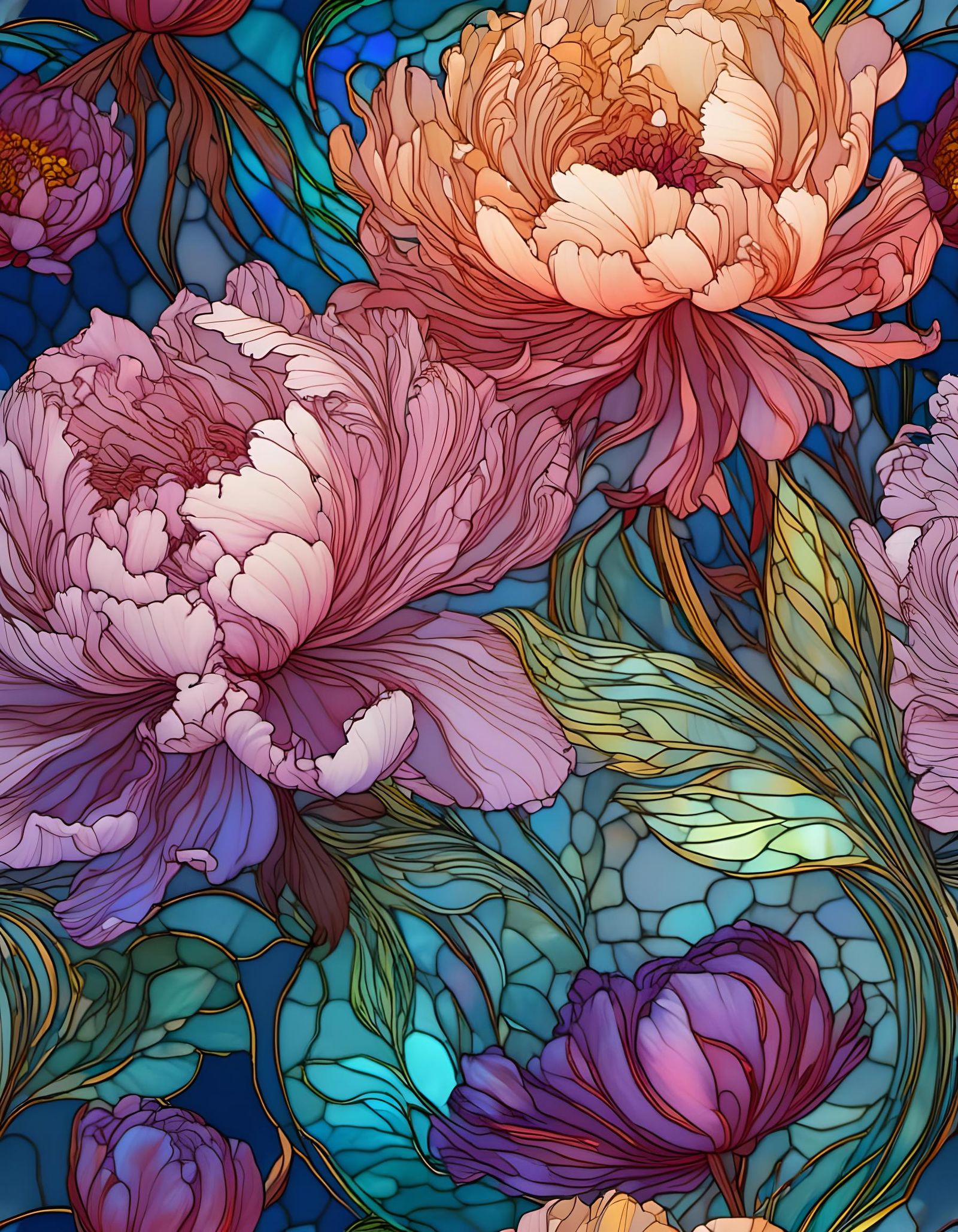 Goddess of Flowing Peonies in Stained Glass Style
