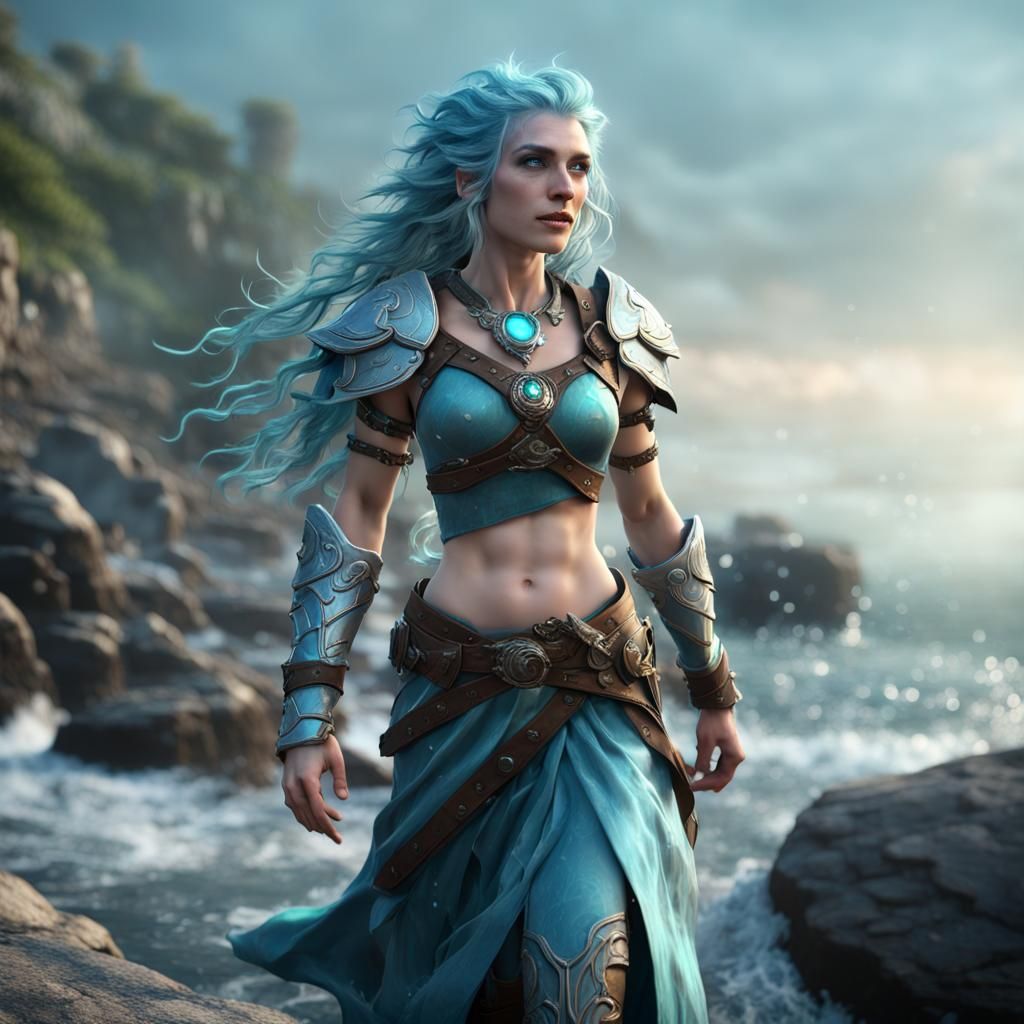 Water Genasi Druid on Rocky Shoreline