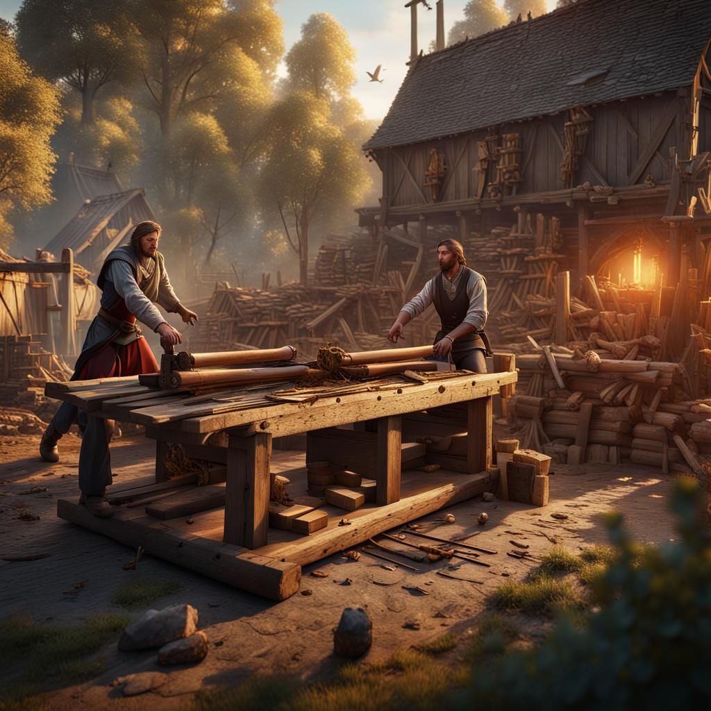 Medieval Sawmill with Soldiers at Golden Hour