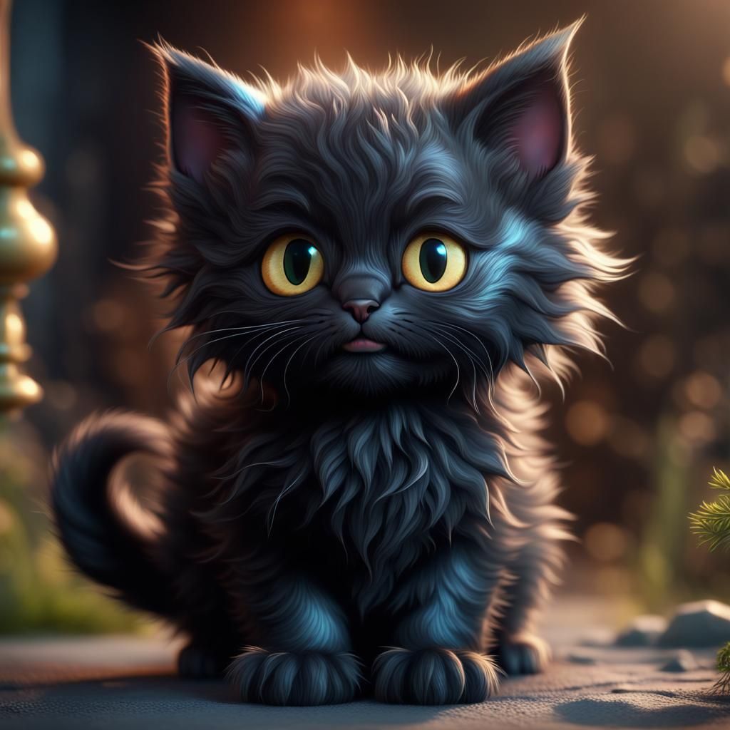 Fluffy Black Kitten in Detailed CGI Fantasy Art