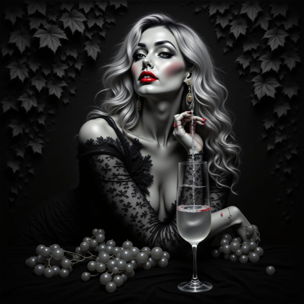 Glamorous Woman Enjoys Champagne in Greyscale Vineyard