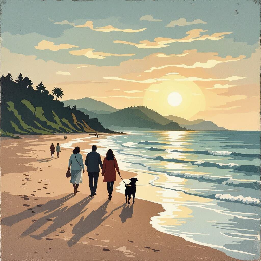 Peaceful Beach Walk at Dusk in Linocut Style