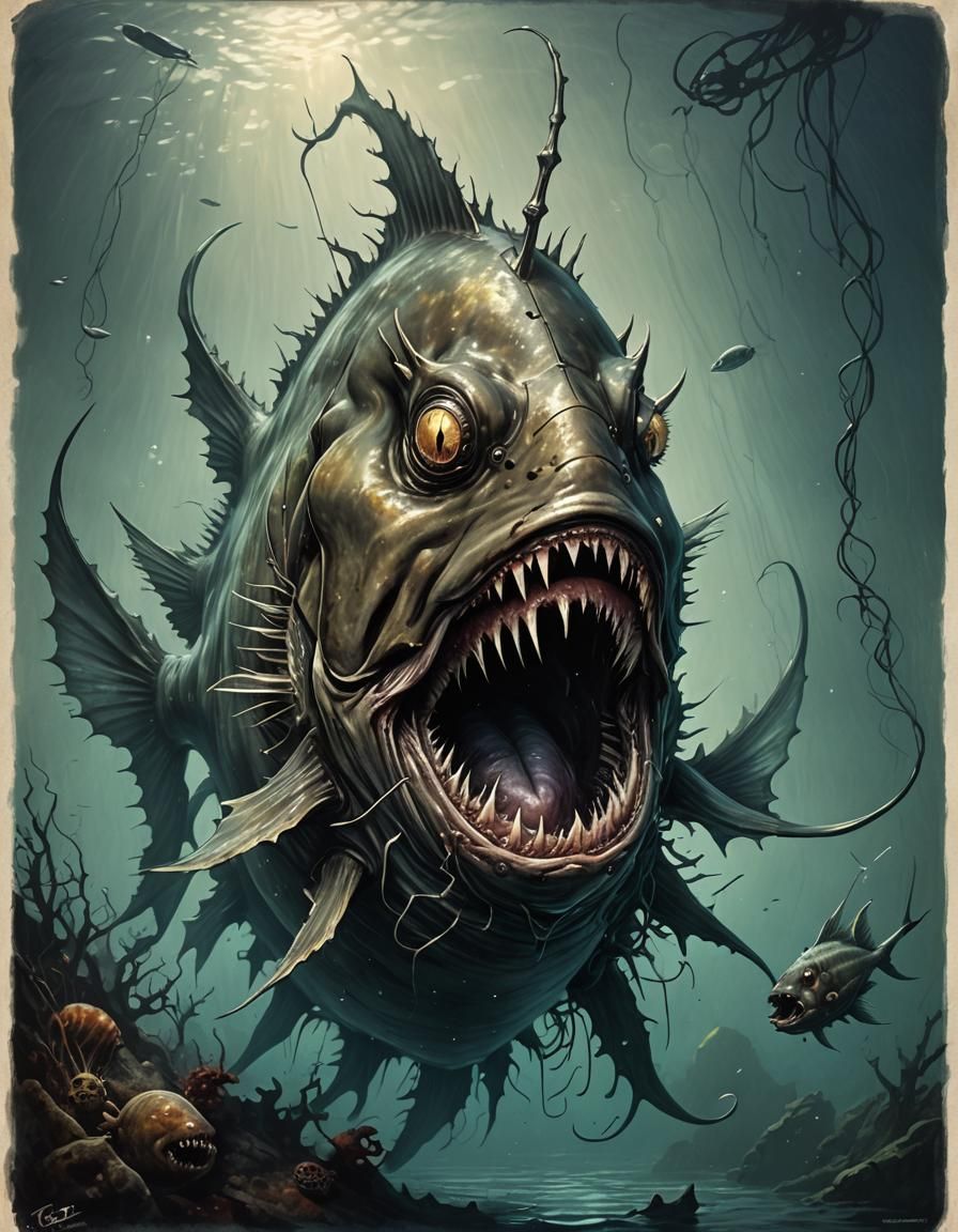 Sinister Horror Anglerfish Mermaid in Deep Sea