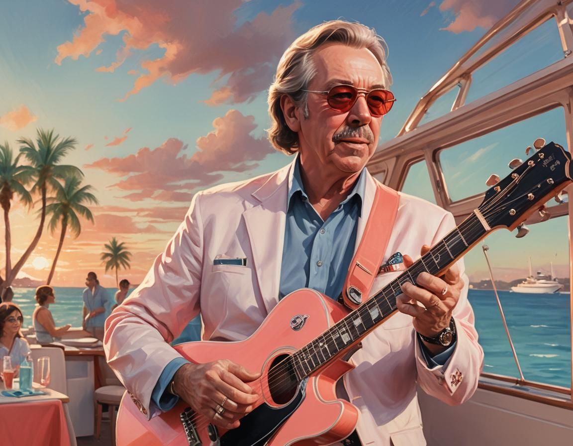 Caricature of singer Boz Scaggs as the chief medical officer of the S.S. YACHT ROCK yacht. Scaggs has the laid-back, mel...