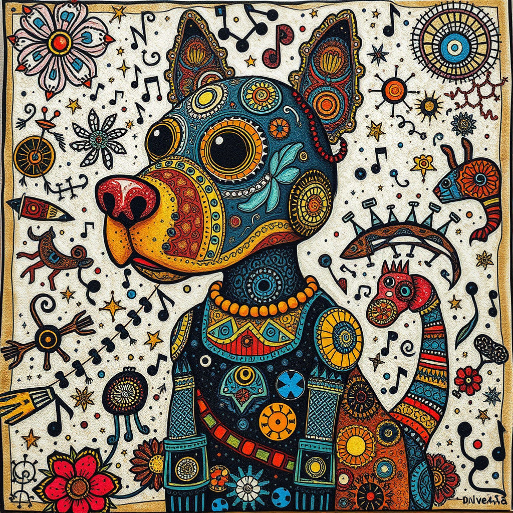 Robot Dog in Surreal Maximalist Aboriginal Folk Art
