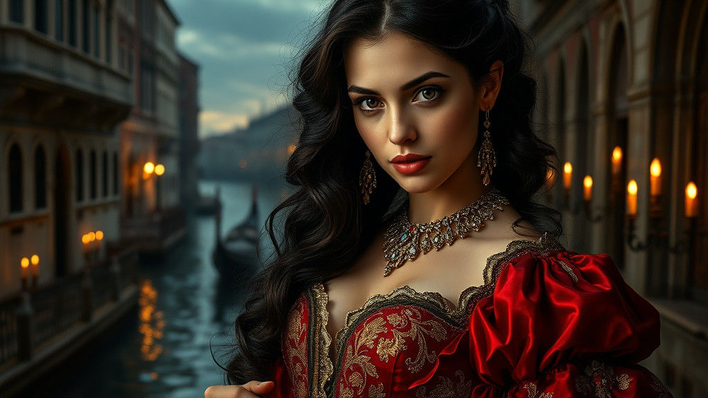 Venetian Courtesan in Crimson and Gold, Baroque Oil Painting