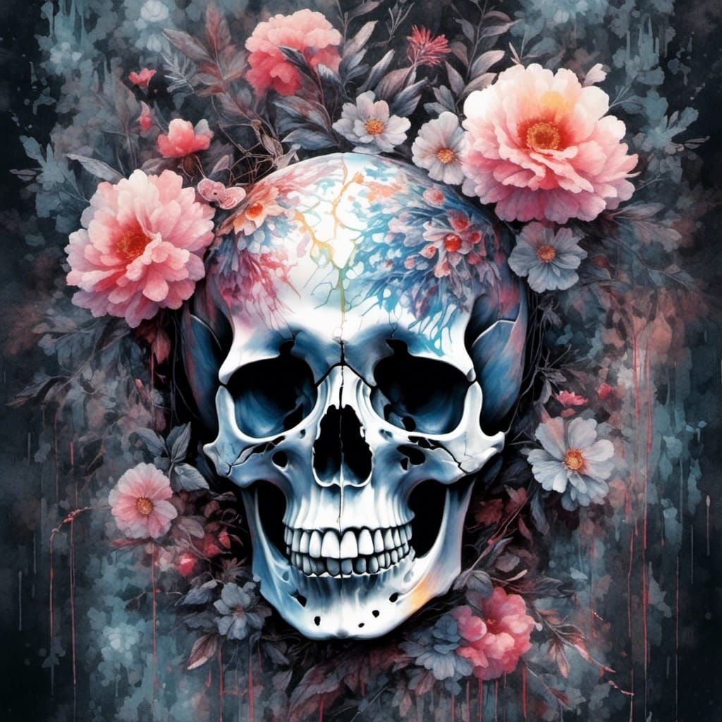 Watercolor Skull with Pastel Flowers in Woods