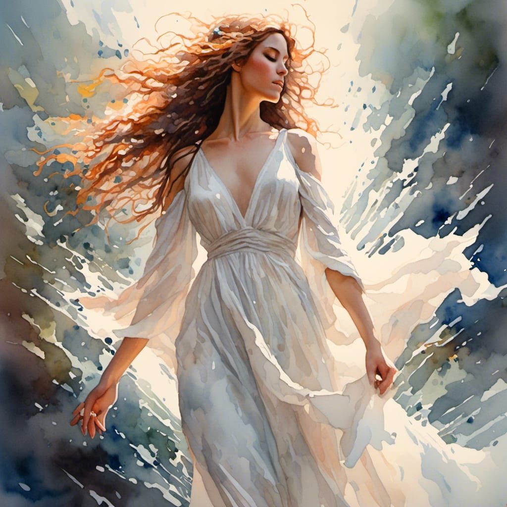 Watercolor Woman in Sunlight, Detailed Fantasy Art