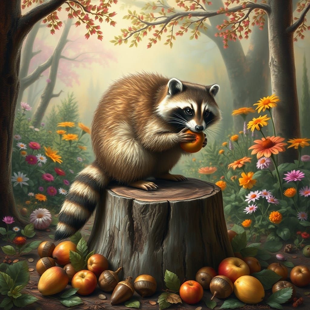 Raccoon with Plumage Savoring Apple, Baroque Style
