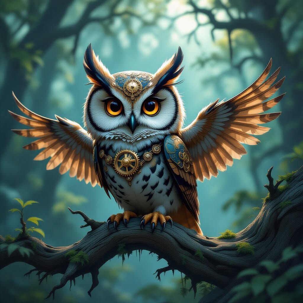 Steampunk Owl Perched on Gnarled Tree Branch