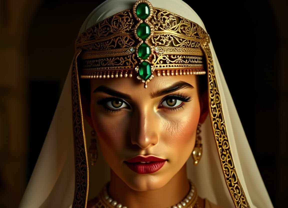 Elegant Palestinian Princess in Gold and Emerald Tiara